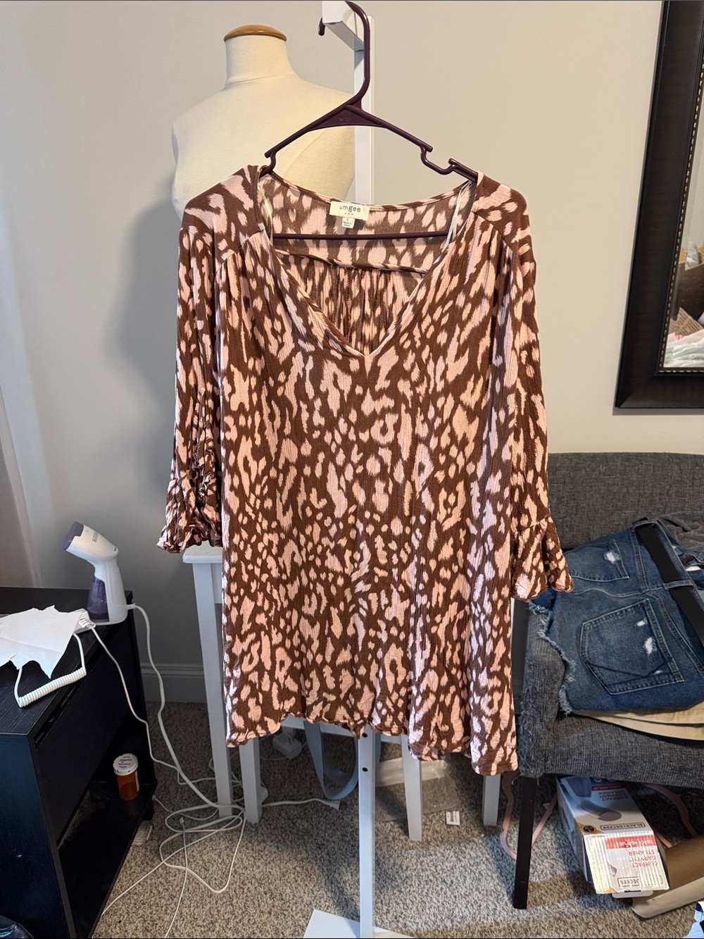 Umgee Pink and Brown Animal-Print V-Neck Tunic